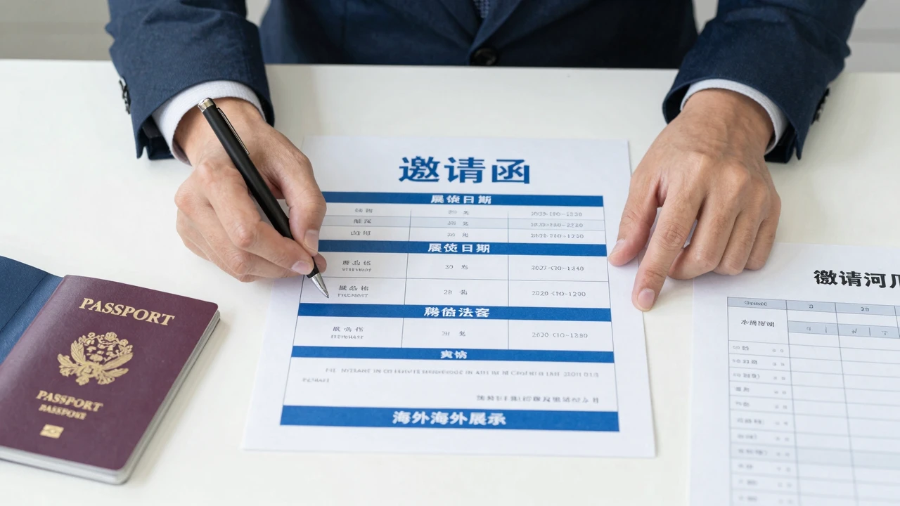 核对海外展会邀请函信息的商务办公场景