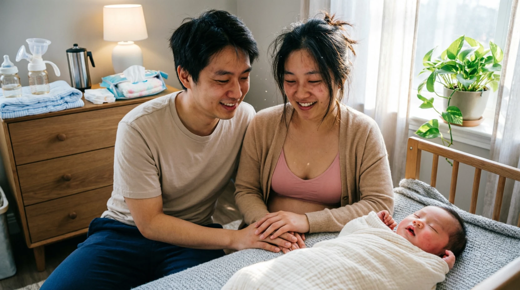 Auto image: new parents at home with a newborn in a softly lit nursery, tired but relieved, practical baby g