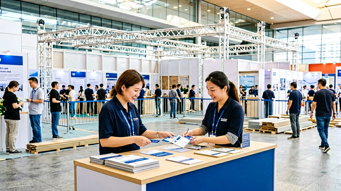 展商在展会服务台办理证件与搭建手续的现场场景