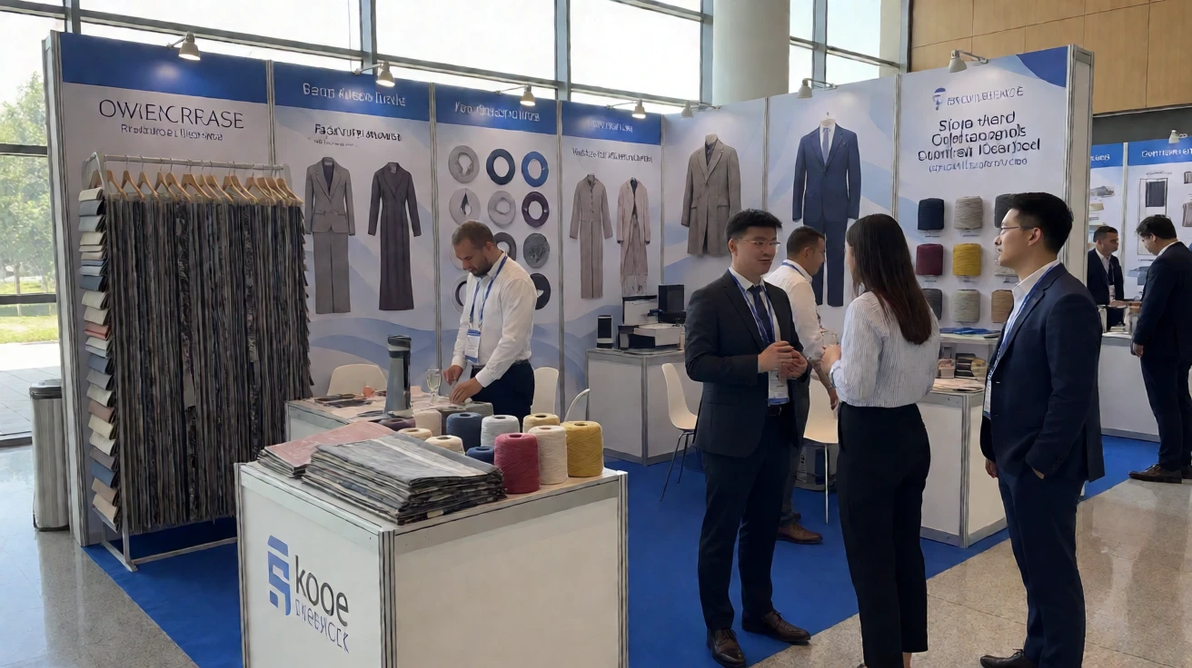 纺织服装供应链展览会现场的展位与商务洽谈场景