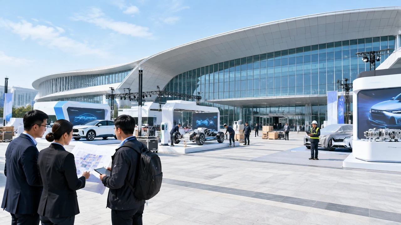 常州西太湖国际博览中心展馆外景与新能源汽车展布展准备场景