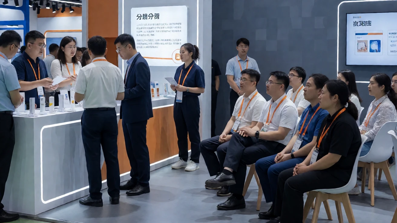 展会论坛、展台与商务交流并存的现场场景