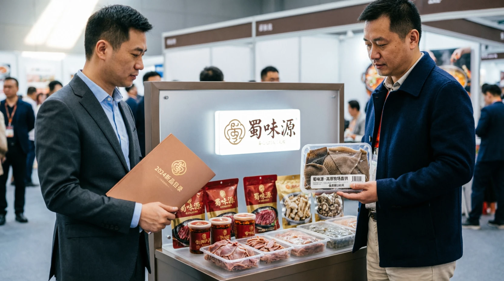 Auto image: 餐饮展会商务洽谈场景，两位采购负责人在火锅食材展位前交流产品手册与样品，品牌展示专业整洁，现场人流有序，高品质商业摄影，色调沉稳自然