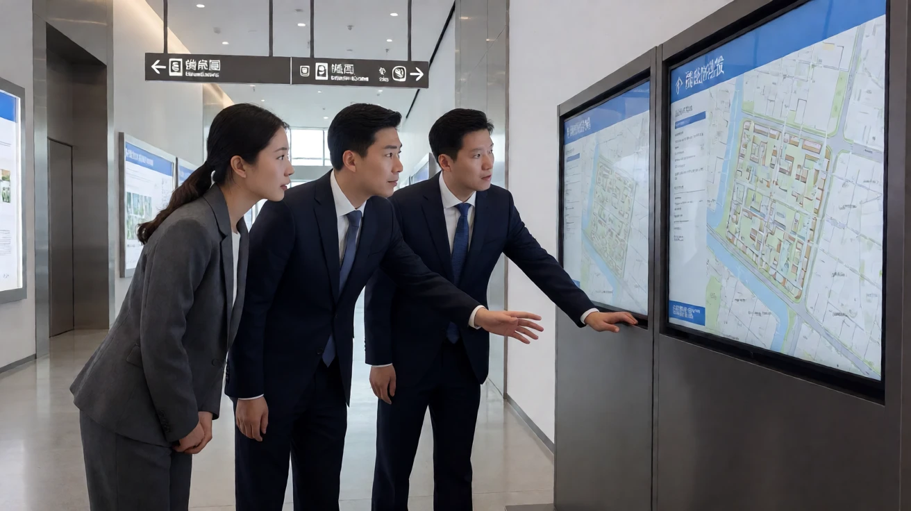 展商在展馆导览屏前核对分区图