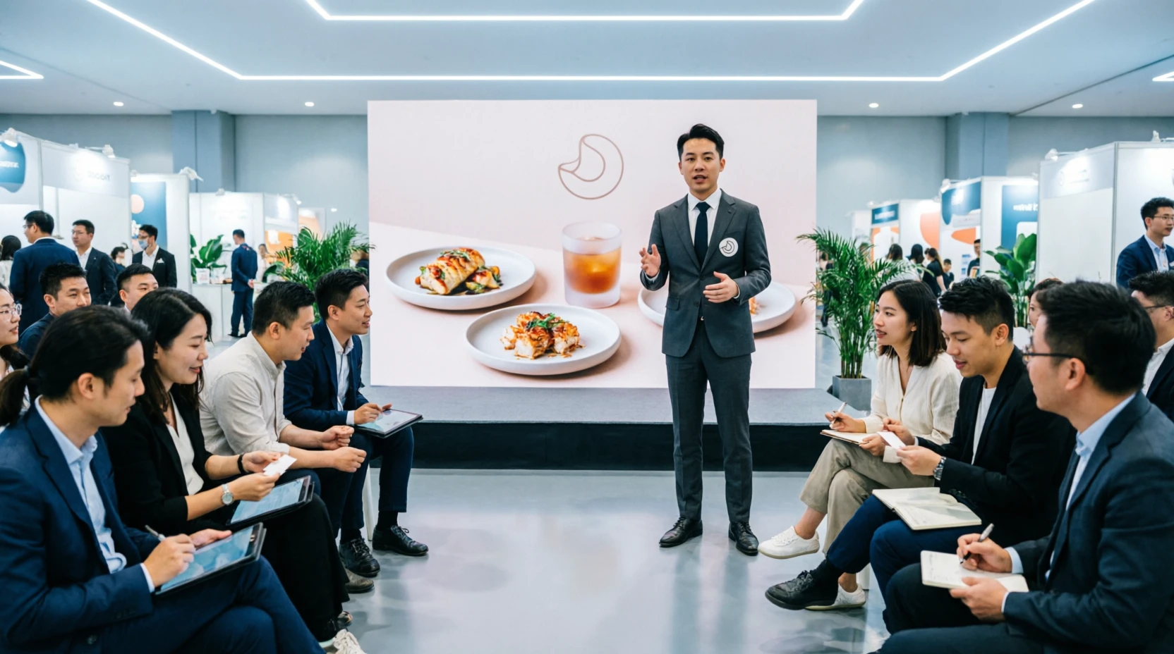 Auto image: 餐饮品牌路演现场,小型舞台展示新品与品牌讲解,台下专业观众交流洽谈,展馆灯光明快,商务与潮流感并存,专业摄影